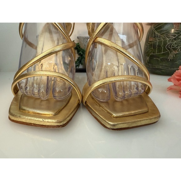 Schutz Womens Lovi Metallic Gold Tone Leather Strappy 4.5" Square Heels Sz 7.5B - Picture 10 of 16